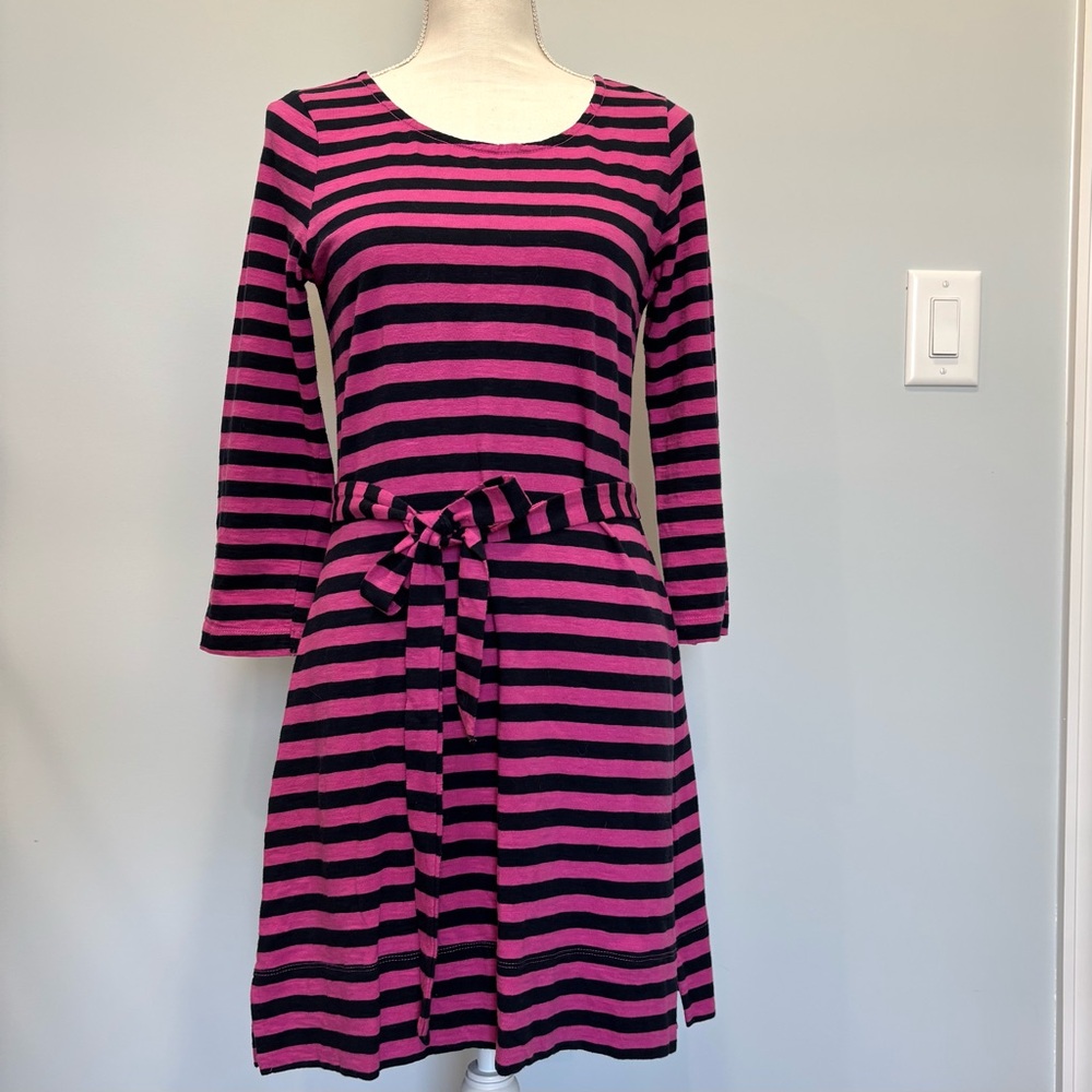 Hatley Cotton Striped 3/4 Sleeve Dress Pink Navy Blue Tie Belt 100% Cotton Small
